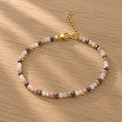 Bracelet femme fines perles rondes facettées beige marron réglable fait main dor - Photo 1/2
