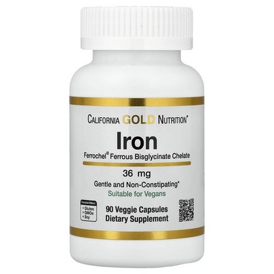 California Gold Nutrition, Ferrochel-Eisen (Bisglycinat), 36 mg, 90 pflanzliche