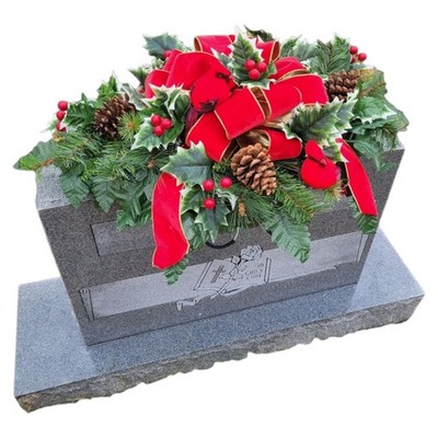 Headstone Saddle Holly, 2 Red Birds, Pinecones, And - Artificial Grave Flowers