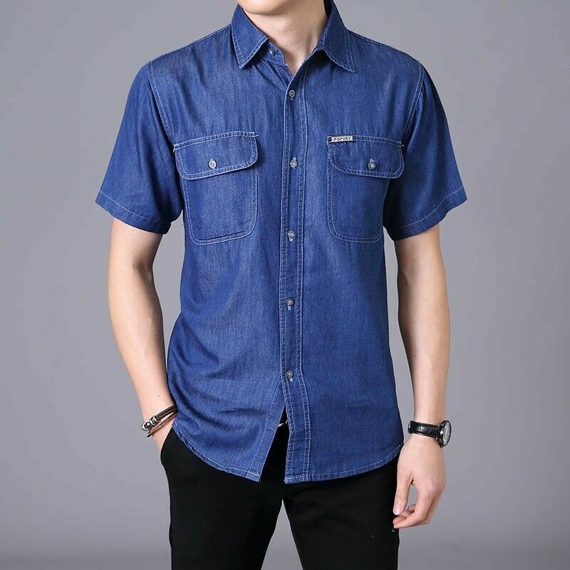 【KOOLOSET】Daily Denim Half Shirt Men Denim Shirts Cotton Working Jean Top Loose Casual Short