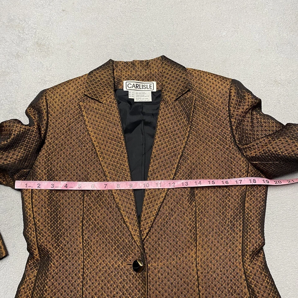 Carlisle Blazer 女式 8 棕色丝绸羊毛几何图案 1 按钮别致职业复古 — 第 4/4 张图片