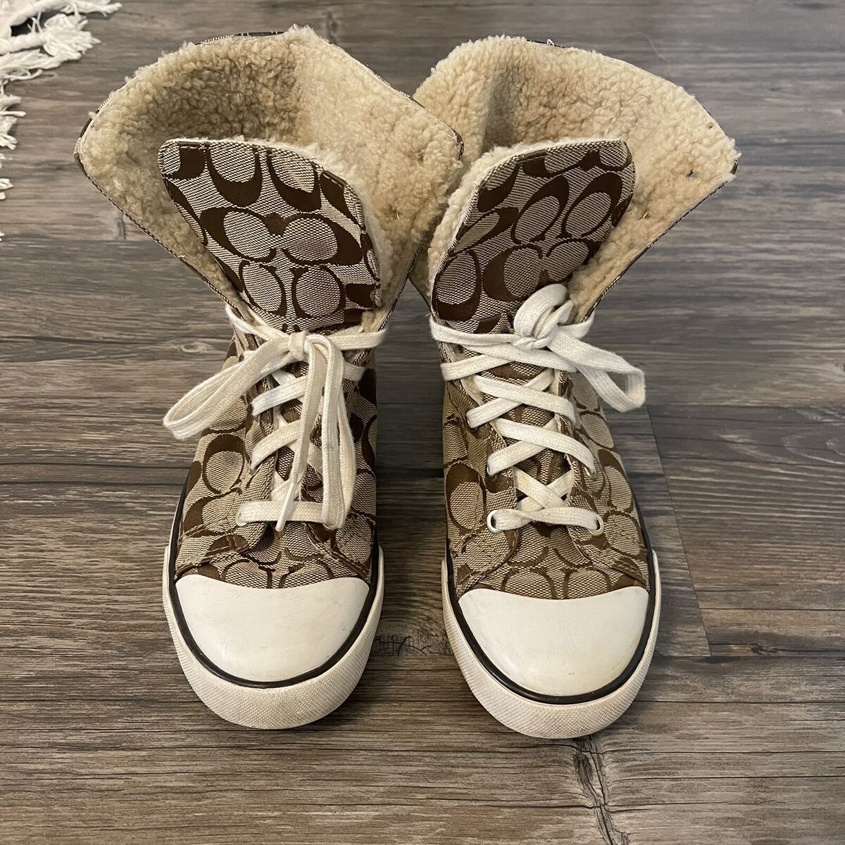 Coach Signature Bonney Shearling Brown High Top Lace Up Q397 Coach Signature Bonney Shearling Brown High Top Lace Up Q397