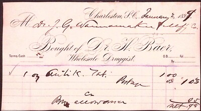 1899 Dr H. Baer Wholesale Druggist Charleston SC 4.5''Billhead