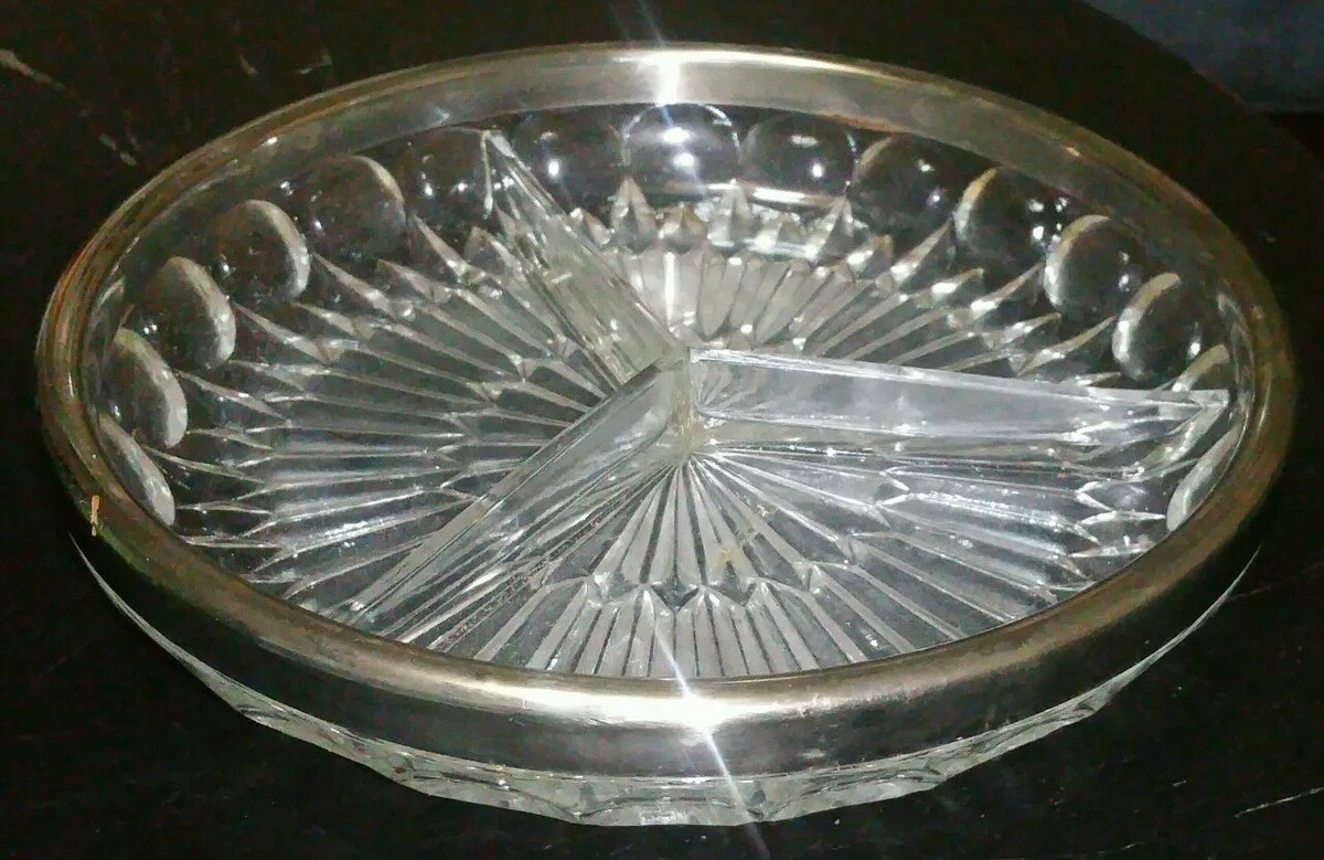 Vintage Crystal Glass 3 Divider Peanut, Candy, Snack Dish, 9