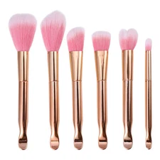 6 Pcs Makeup Brush Set Concealer Blush Metal Handle Rose Gold Tone Pink