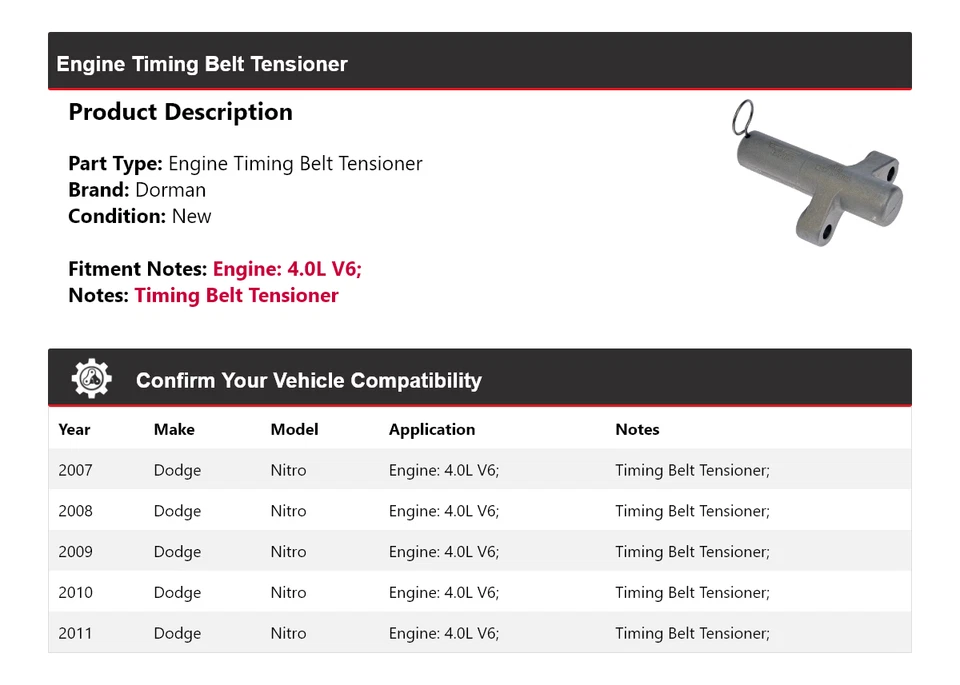 Tensor de correa de distribución del motor Dorman V6 4,0 L 2008 2009 Dodge Nitro 2007-2011 Foto 2 de 4