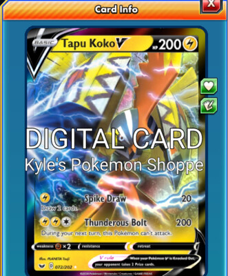 Tapu Koko V SWORD SHIELD Pokemon TCG Online PTCGO 072//202 DIGITAL CARD FAST