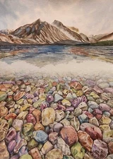 Original Artwork Modern Painting Landscape ROCKS LAKE McDONALD Seascape Gift A4