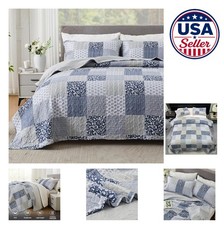 Oversized King Quilt Set 3 Piece 128x120 Navy Blue Gray Patchwork Plaid