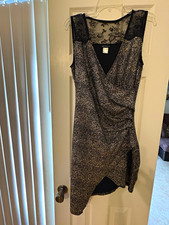VENUS Black/Silver Solid Mini Dress M V-Neck Sleeveless Lace Yoke Lined Zip