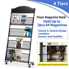 Floor-stand Brochure Display Holder Stand Magazine Newspaper Rack- 4 Tier Wheels