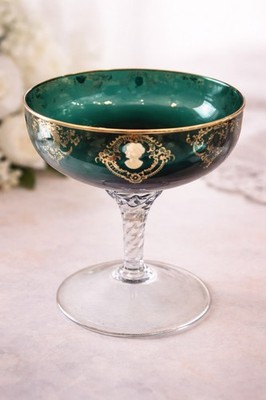 Vintage Emerald Green Coupe Glass with Gold Filigree & Cameo