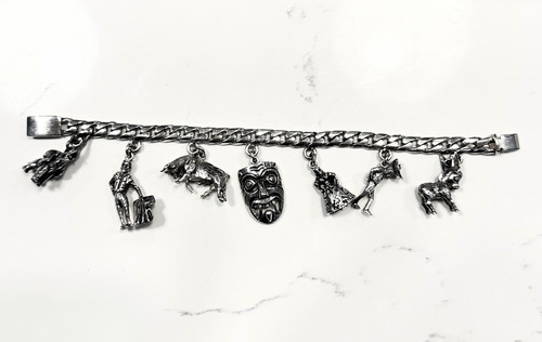 VTG Castelan Sterling 925 Link Bracelet Taxco Mexico 1950s-1970s Rare Charms 60g