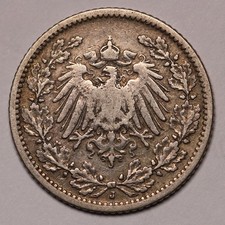 1905 J  Germany 1/2 Mark Silver Coin KM# 17