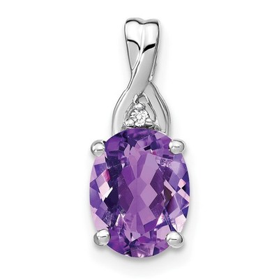 14k White Gold Oval Amethyst and Diamond Pendant 0.9g Gift for Mother