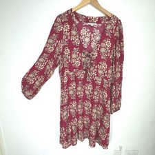 American Eagle Boho Floral Lace Up Long Sleeve Mini Dress XL Burgundy Festival