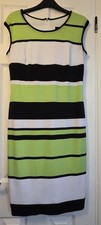 Frank Lyman Design UK 12 Green Black White Stripy Stretchy Dress Exc Cond