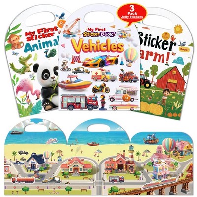 3-Pack Reusable Sticker Books for Toddlers 2-4 Years, Vehicles Truck, Animals &