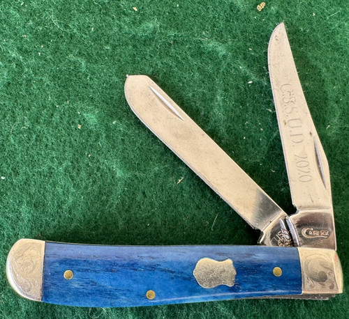 Case XX USA Mini Trapper Knife #6207 Etched Bolsters Blue Bone