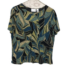 Vtg Alfred Dunner women  s blouse medium green blue groovy leafy all over print
