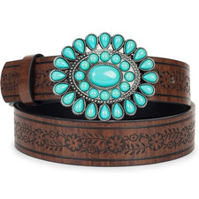 Brown Western Tooled Belt for Women with Turquoise Adjustable Buckle