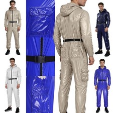 Men Coveralls Safety Bodysuit Flap Pockets Jumpsuit Sauna Outfits Workout Adult