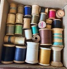 LOT of 29 Antique/Vintage Assorted Wooden Thread Spools with and without thread