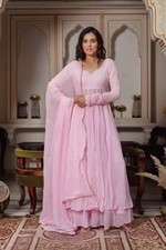 Women Pink Georgette Anarkali Kurti Palazzo Set Indian Salwar Kameez Suit