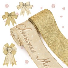 2 Rolls 2.5" 5 Yd Merry Christmas Ribbon Glitter Gold Wired Ribbon Snowflake ...