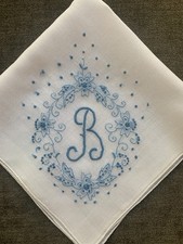 Vintage Hanky Handkerchief Madeira Embroidered Monogram R Bridal Wedding Blue