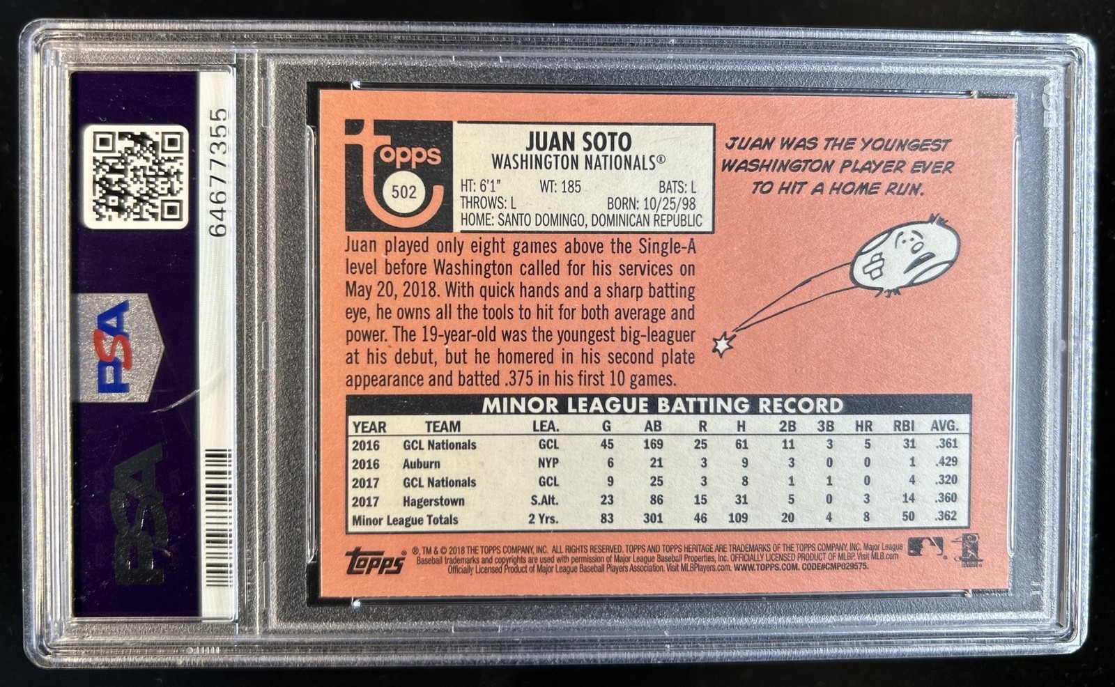 2018 Topps Heritage Juan Soto RC Rookie #502 Nationals PSA 10 GEM MINT view 2