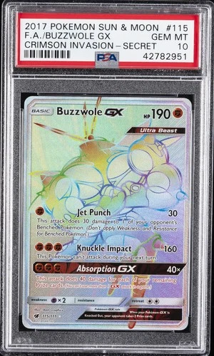 2017 POKEMON SUN & MOON CRIMSON INVASION SECRET #115 FULL ART/BUZZWOLE GX PSA 10