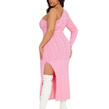 NWT Fashion Nova Rosalie One Shoulder Sweater Maxi Dress Pink Cable Knit 3X