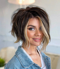 Short Brown Bob Wig with Highlight Honey Blonde Lace Front 100 Human Hair Wigs