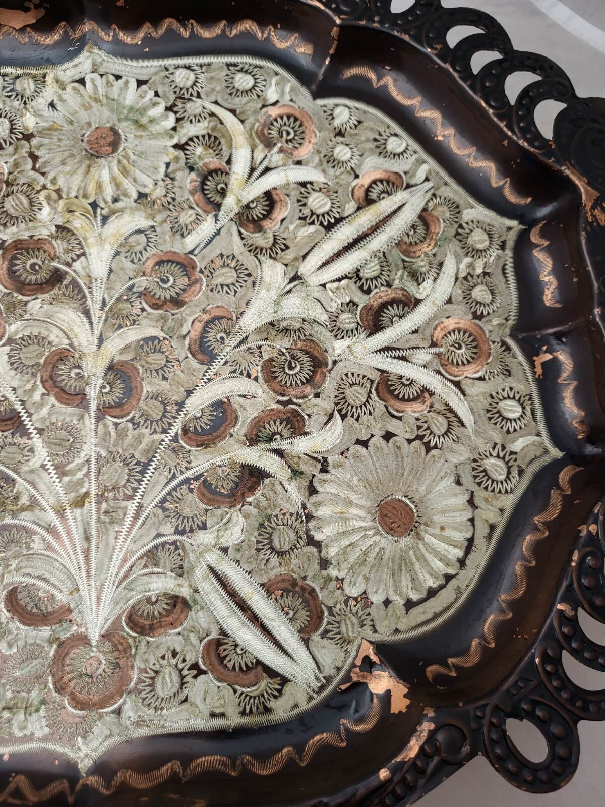 Large 18 3/4 X 12in Etched Flowers Copper Metal Tray / Wall Hanging