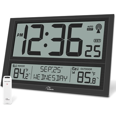 WallarGe 20'' Extra Large Atomic Clock with Indoor Outdoor Temperature, Ultra...