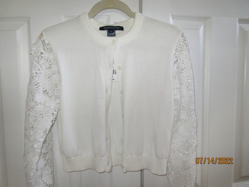 WHITE CARDIGAN SWEATER LACE KNIT FLORAL 