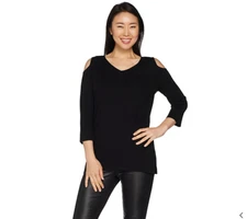 Belle by Kim Gravel Feather Knit Cold Shoulder Sweater-Black-XS-NEW-A301582