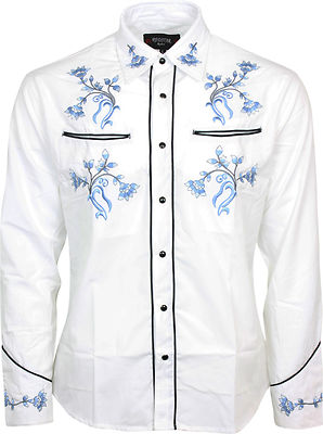 Relco weiß blau Cowboy Western Line Tanzende Blume besticktes Shirt NEU