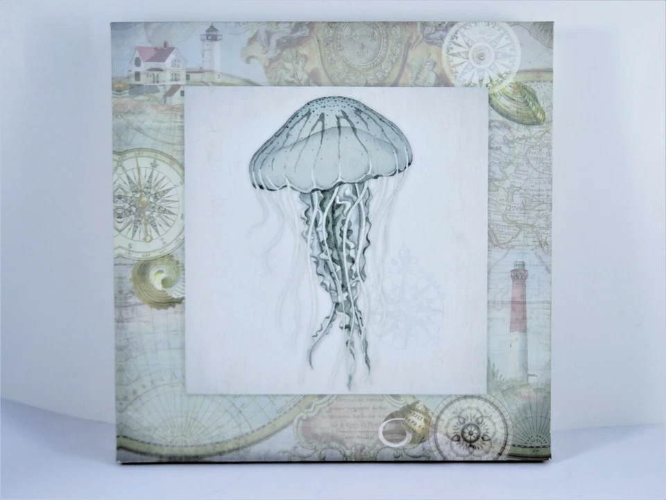 Arte de parede água-viva tema náutico lona esticada em moldura de madeira 12X12X1,5 polegadas - Imagem 3 de 4