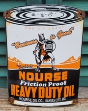 VINTAGE OLD NOURSE HEAVY DUTY MOTOR OIL CAN PORCELAIN GAS STATION SIGN KANSAS