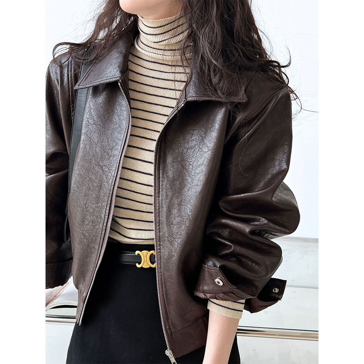 Retro Brown Leather Jacket Womens Autumn Zipper PU Lapel