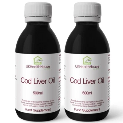 UKHEALTHHOUSE Cod Liver Oil Liquid 500ml High Strength Omega 3 Vits A & D Heart Brain (2 pack)