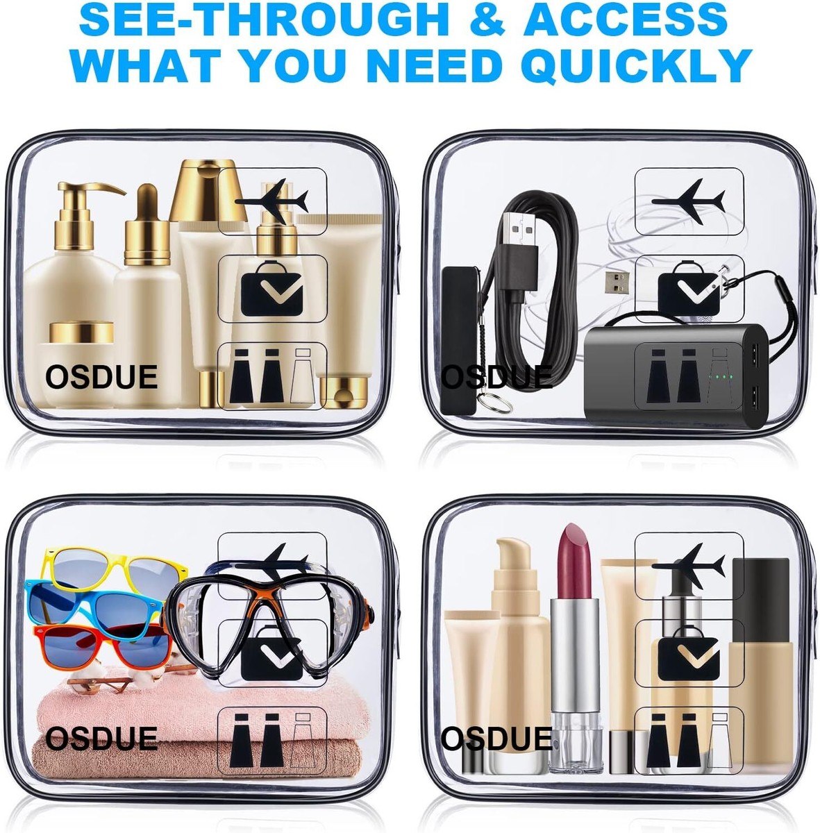 Froxique 2er Set Transparente Kulturbeutel TSA – Wasserdichte Make-up-Tasche Mit Goldreißverschluss Für Flugreisen