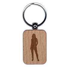 Woman Person Silhouette Engraved Wood Rectangle Keychain Tag Charm