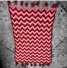 Vtg Handmade Chevron Afghan Throw With Tassels Pinks Herringbone Granny Core