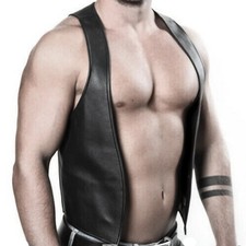 MENS LEATHER BAR VEST SEXY FETISH FRONT OPEN GAY BLUF VINTAGE BLACK WAISTCOAT