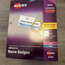 Avery Adhesive Name Badges 88395 13 pages left with 8 badges per sheet.