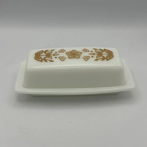 Vintage Pyrex Butter Dish “Butterfly Gold” Pattern 72-B Lid Milk Glass