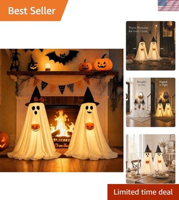 Adorable Indoor Light-Up Ghosts with Witch Hats   Perfect Halloween Decor 2-Pack